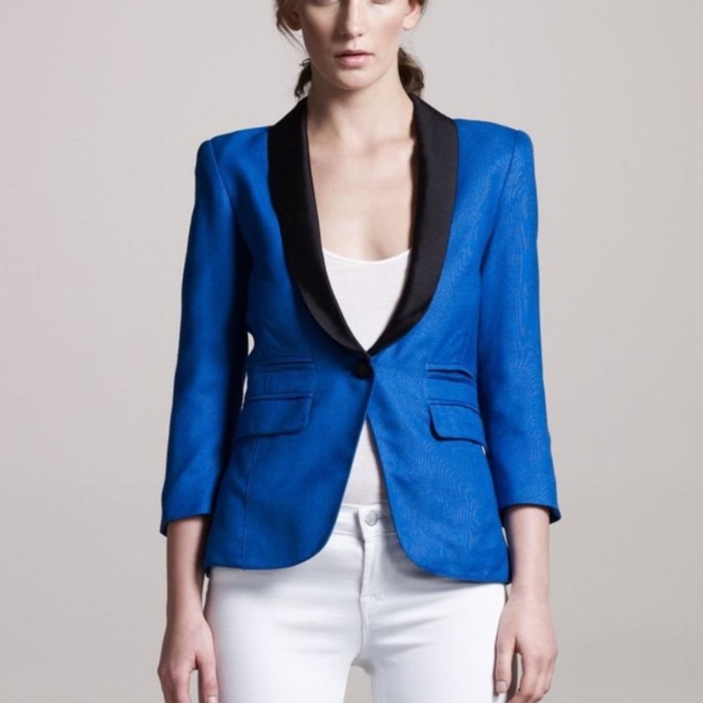Smythe Blue Blazer Black Satin Shawl Collar Size 12